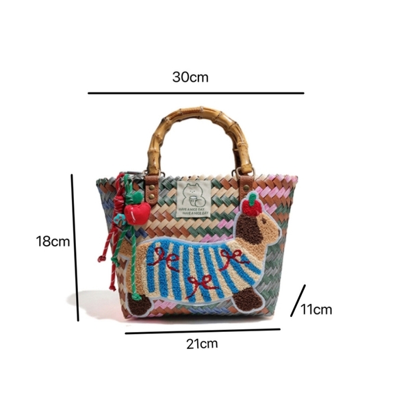 Nwt Woven Dog Bag With Bamboo Handles - Picture 3 of 3